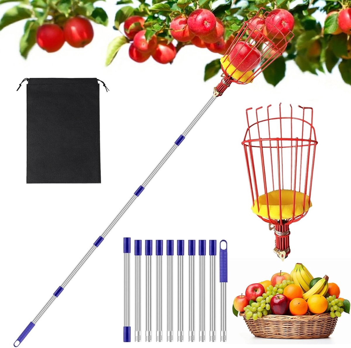 4,3 m fruitplukker, uitschuifbare fruitplukkerstok met grote draaibare mand, 2,3 m lengte verstelbaar roestvrij staal - ShopVlot