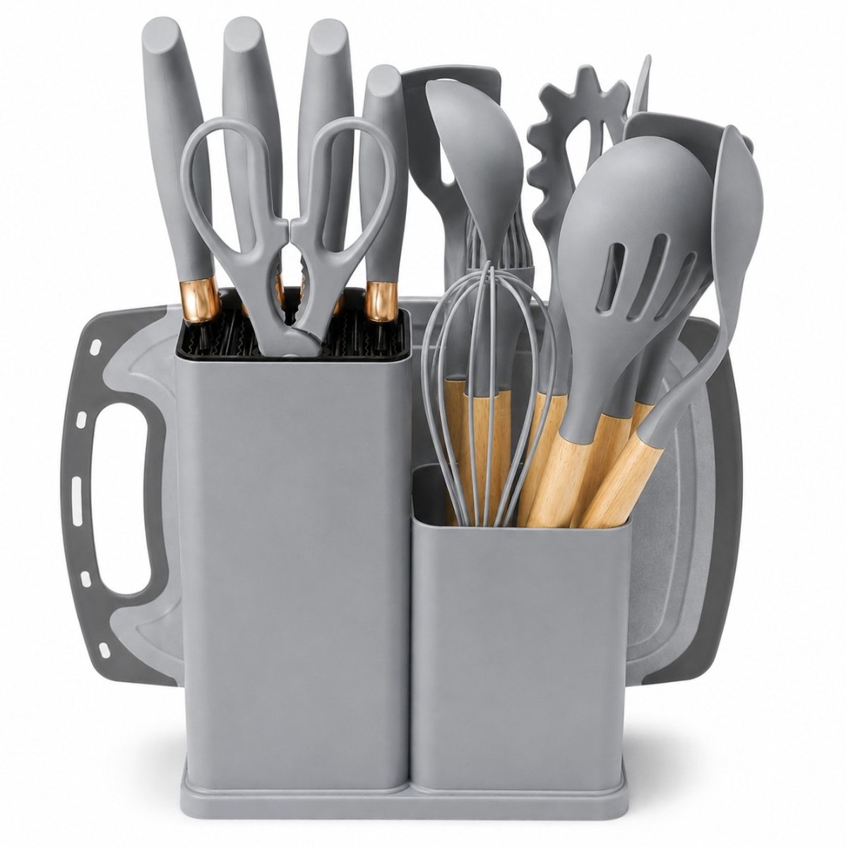 BSS® Messenset Keuken – 19-delige Keukenmessenset met 5 Messen, 12 Siliconen Keukenhulpen, Snijplank en Messenhouder – Grijs