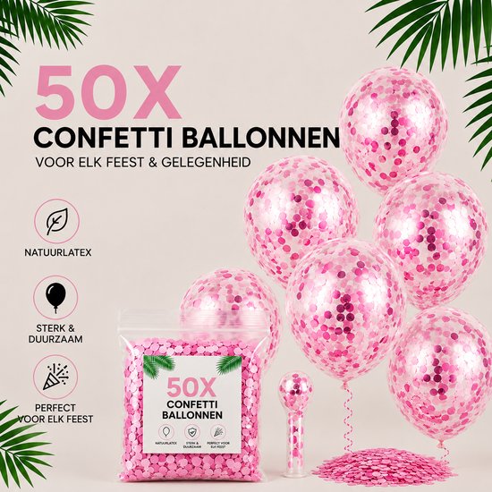 50 roze confetti ballonnen met glinsterende sequins, gemaakt van natuurlijke latex. Sterk, duurzaam en perfect voor elk feest.
