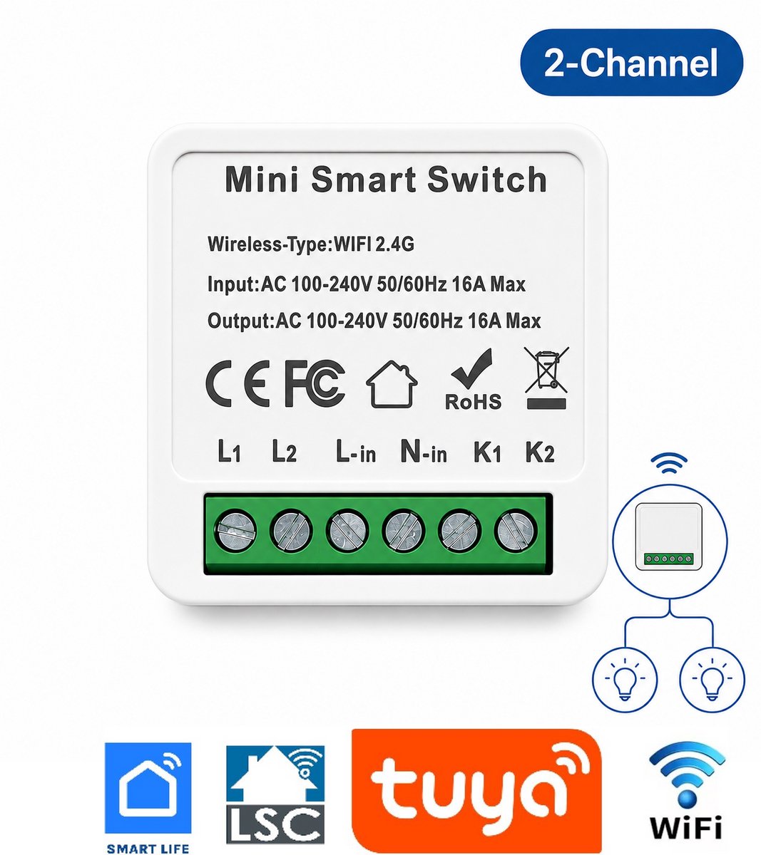 Mini WiFi Smart Switch 2-Kanaals – Slimme Aan/Uit Schakelaar 16A – Externe Schakelaar & Hotelschakeling – Compatibel met Alexa, Google Assistant, Tuya, Smart Life & LSC Smart Connect (Action)