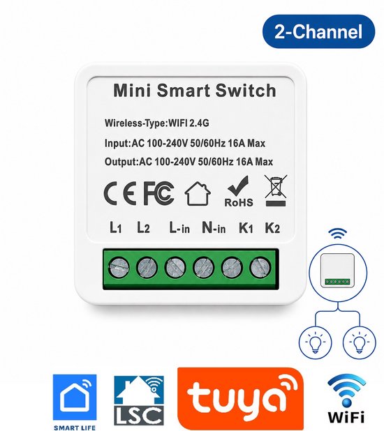 Wit 2-kanaals mini smart switch met de tekst "Mini Smart Switch" en certificeringen.