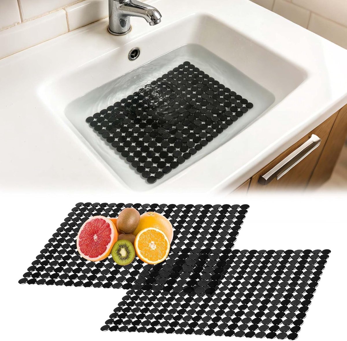 Spoelbakmat, rechthoekig, zwart, pvc, afdruipmat voor gootsteen, gootsteenmat, beschermmat, gootsteenbescherming - ShopVlot