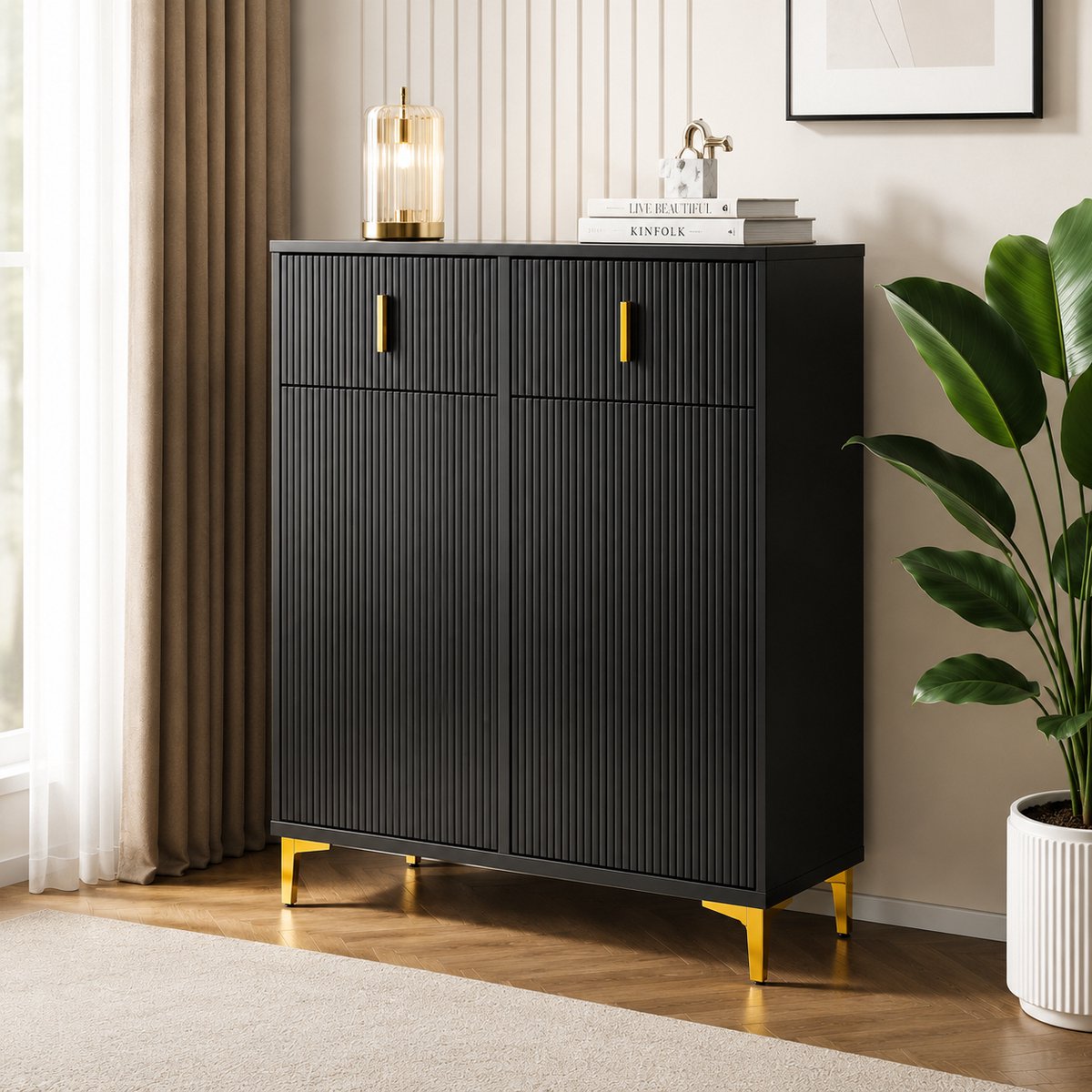 Parasha Nova Dressoir = schoenenkast - Gestructureerde panelen - Verstelbare planken - Gouden decoratieve details en laden = Opbergkast voor de entree, woonkamer, binnenhuis = meubel voor thuis