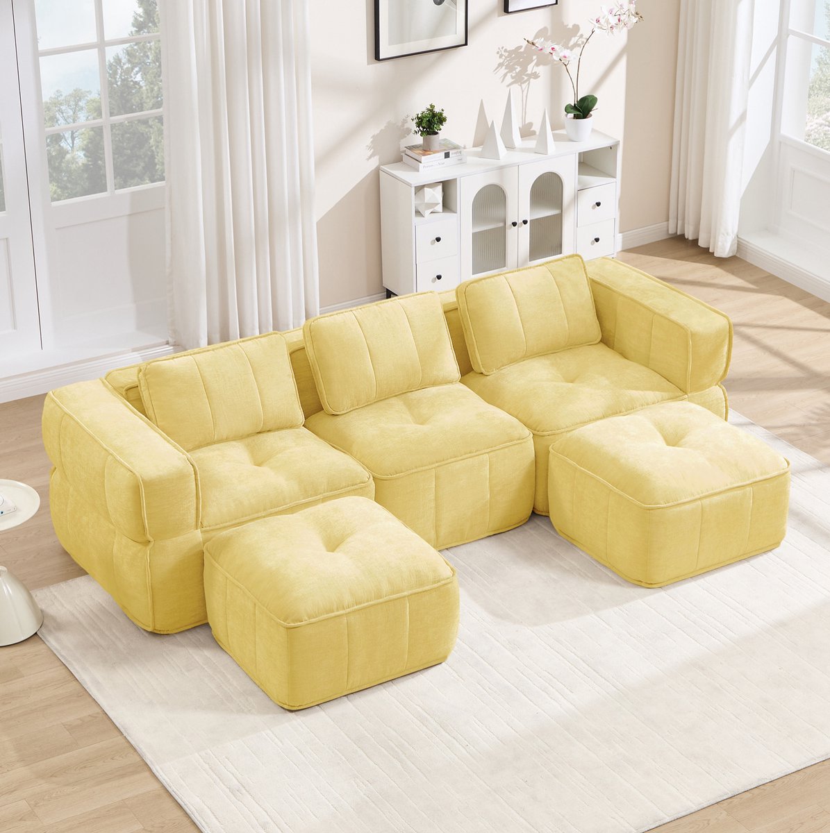 DESMIU U Bank 3 Zits - Modulsofa Met 2 Hockers En 32D Hoogdicht Schuim - Zonder Montage - Voor Woonkamer - Polyester - Geel