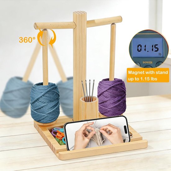 Houten Wolhouder voor Breien en Haken, Draaibare Woldispenser met Magnetische Functie, Inclusief Telefoonhouder en Naaldopslag, Perfect Cadeau voor Creatieve Handwerkers — afbeelding 4