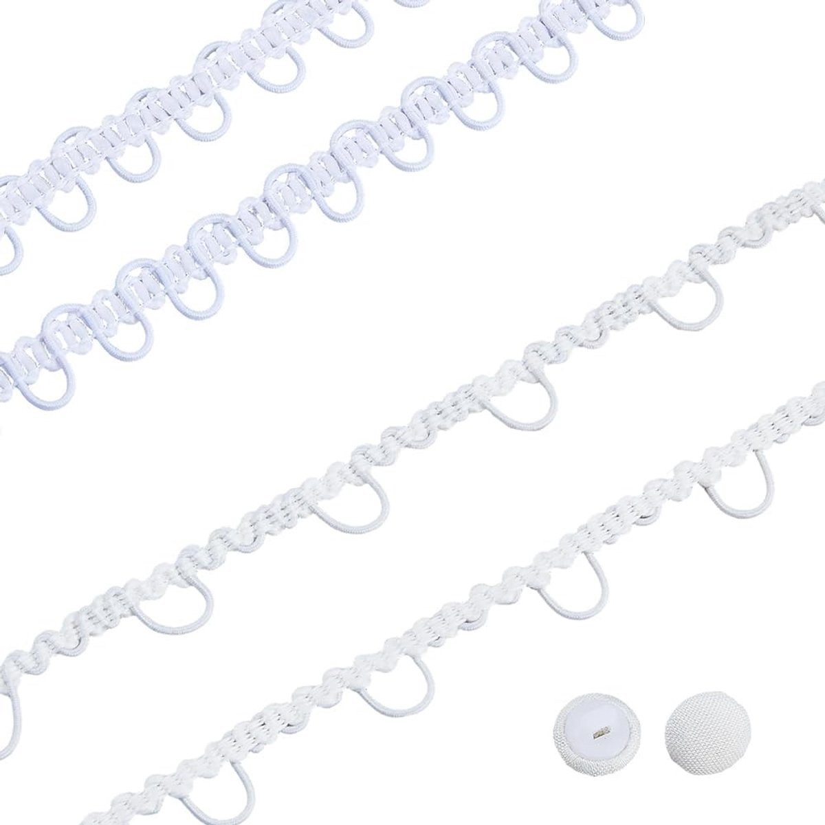 Elastische lussen in trimmend wit, 20 yards voor handwerk en bruiloftsdecoratie met 10 plastic knopen