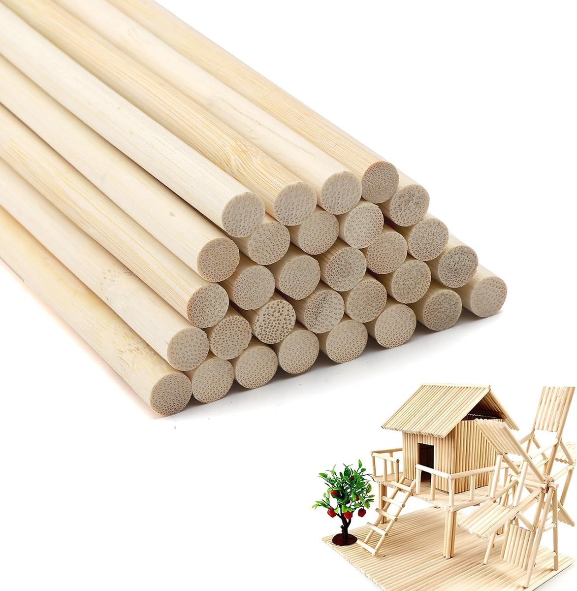 Set van 30 Houten Stokken voor Creatieve Projecten - Ronde Bamboestokken voor Modelbouw, DIY Decoratie en Ambachten - 30 cm x 10
