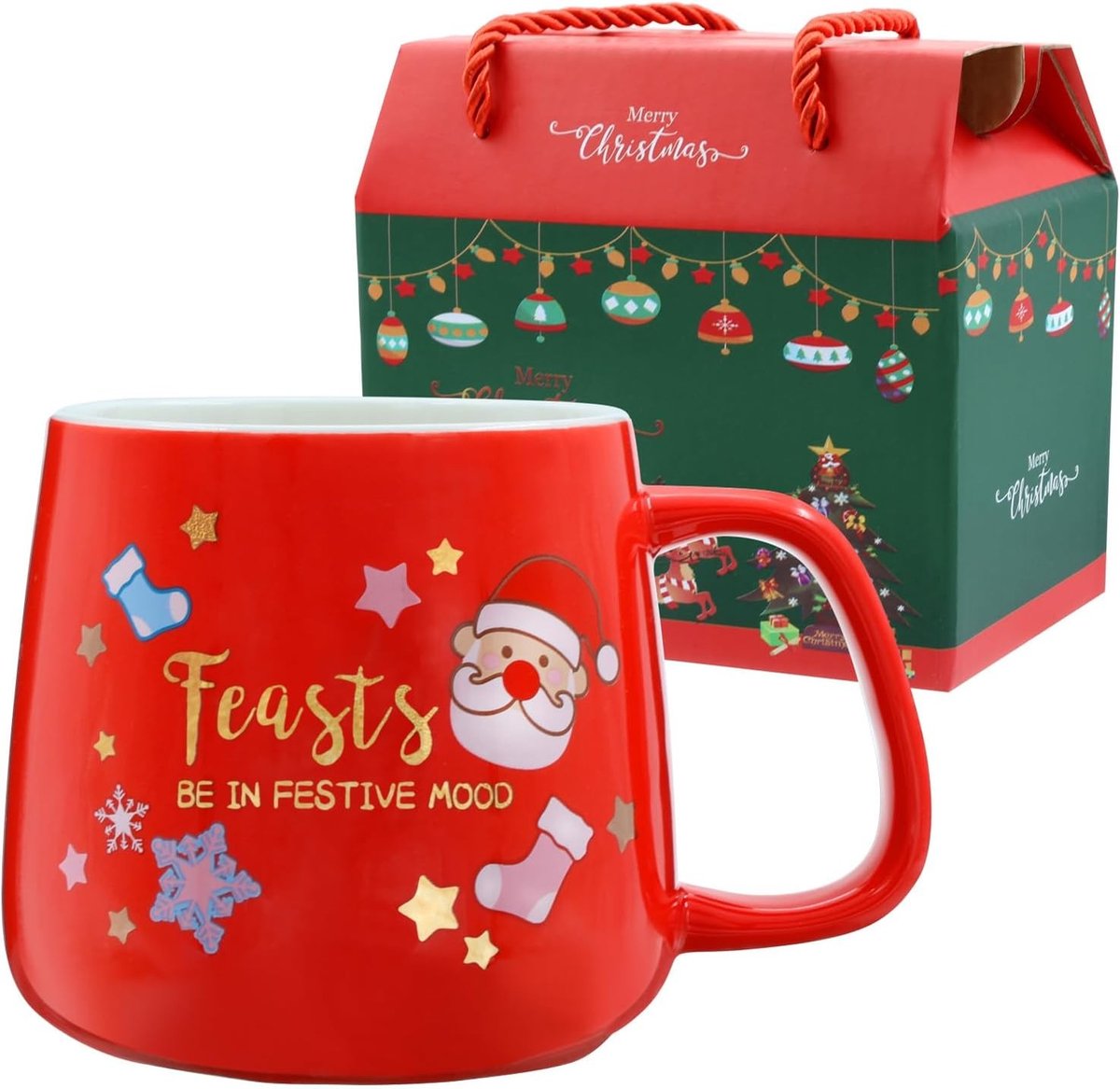 Kerstmok met Santa Claus en Sneeuwvlokken - Perfecte Winter Koffiemok en Cadeauset voor de Feestdagen