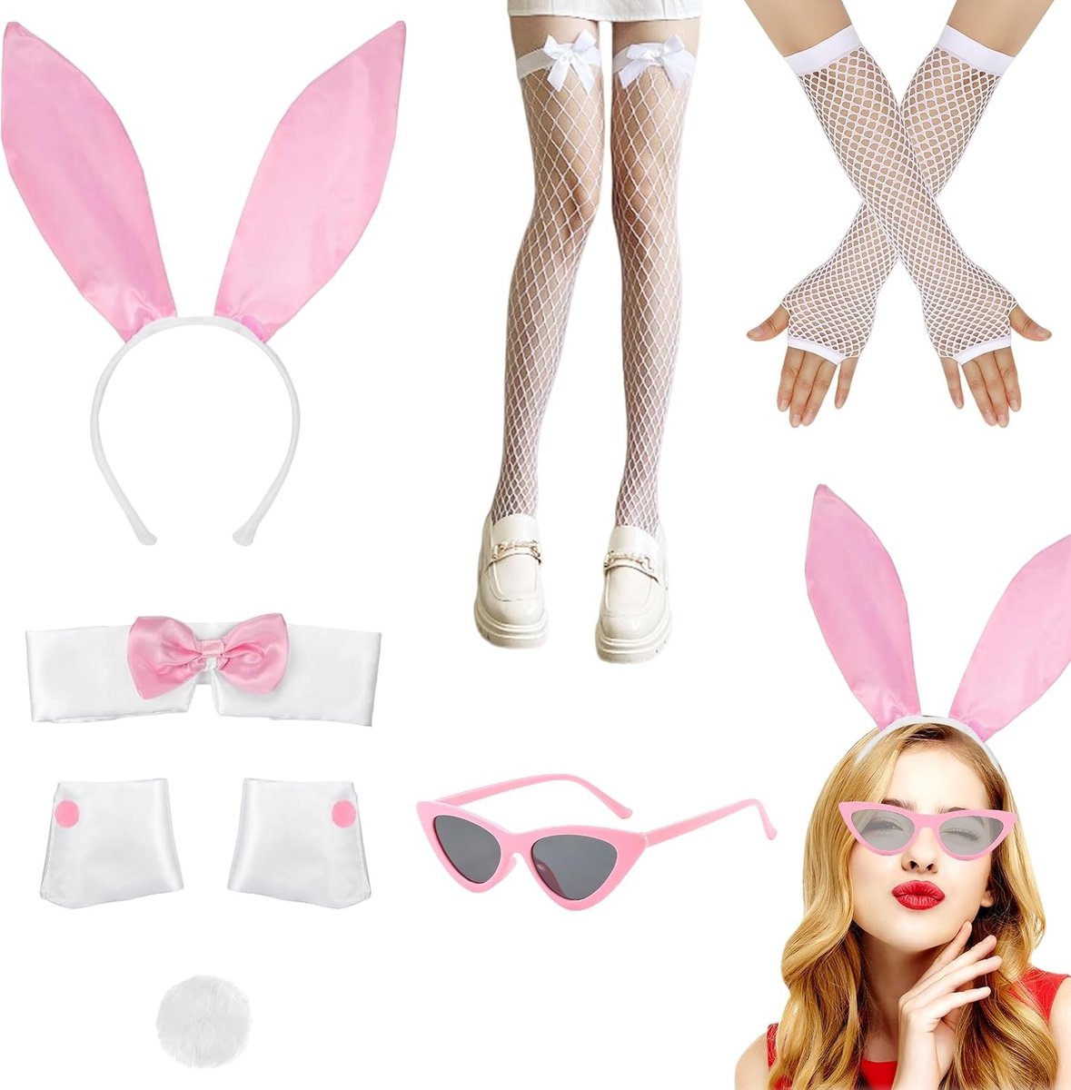 Schattig 7-delig Konijnen Kostuum voor Vrouwen met Oren, Staart, Handschoenen en Visnet Kousen voor Feestjes en Carnaval
