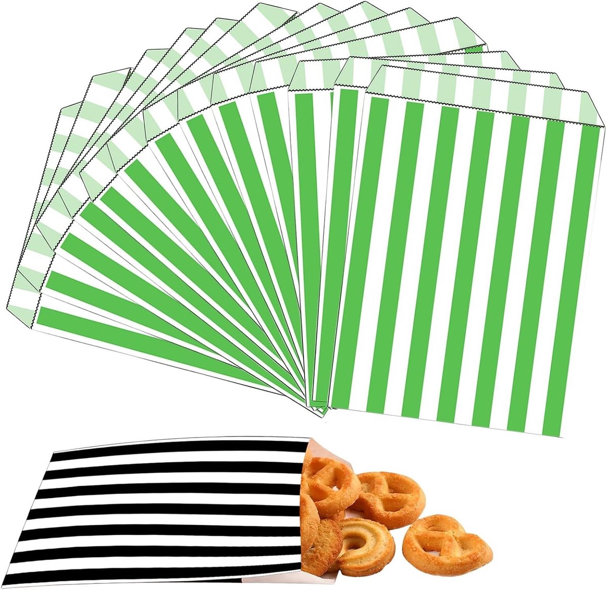 100 Stuks 12.7x17.8cm Groene Gestreepte Papieren Snoepzakjes voor Feestjes, Verjaardagen en Cadeaus