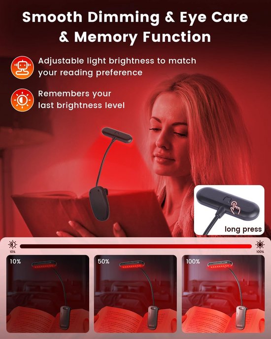 670nm Rood Licht Leeslamp voor Bedlezen Dimbare USB-Oplaadbare Klemlicht voor Slaap & Oogcomfort Instelbare Helderheid Draagbare Boekenlamp met Geheugenfunctie Energieklasse F [Energieklasse A] — afbeelding 4