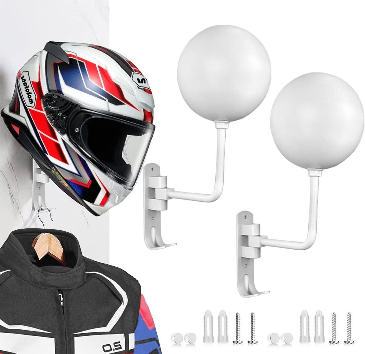 Helmhouder Wandmontage - Hoedenrek - Opbergen Motorhelm - 180 Graden Draaibaar - 2 Stuks - Wit