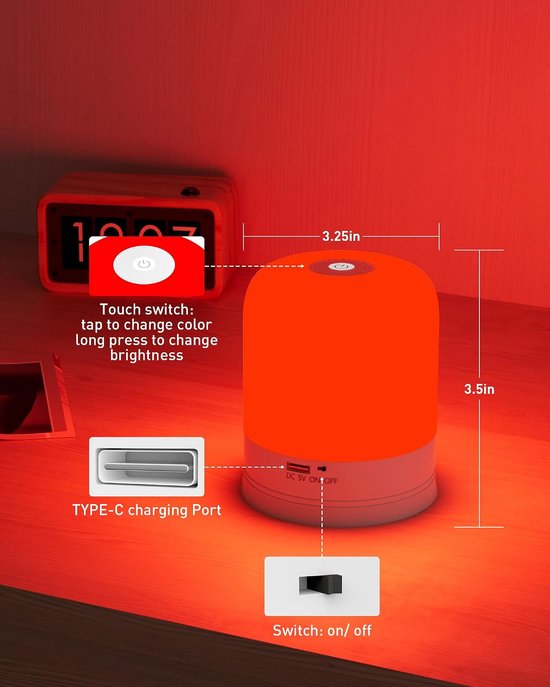 Rood Licht Slaaplamp 670nm, 4 Kleurstanden, Melatonine Ondersteunend, Afstandsbediening, Timer & Dimbaar, voor Slaapkamer, Lezen en Babykamer — afbeelding 2