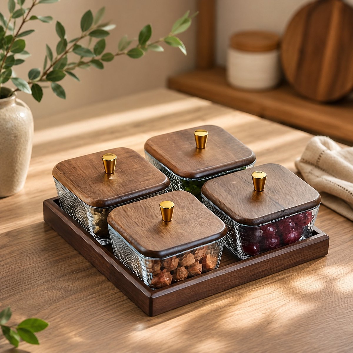Merkloos Noten- en Fruitschaal van Glas met Walnoot Houten Plateau - Elegant Dienblad voor Fruit, Noten en Desserts - Geschikt voor Familiefeesten