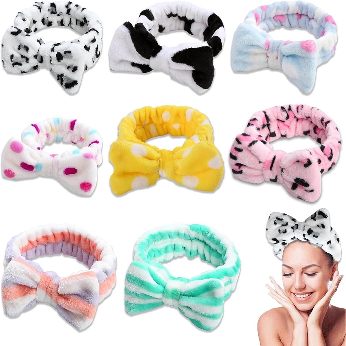 Set van 8 Haarbanden met Strikken van Koraalfleece voor Make-up, Sport en Douche - Perfect voor Huidverzorging en Haarstyling