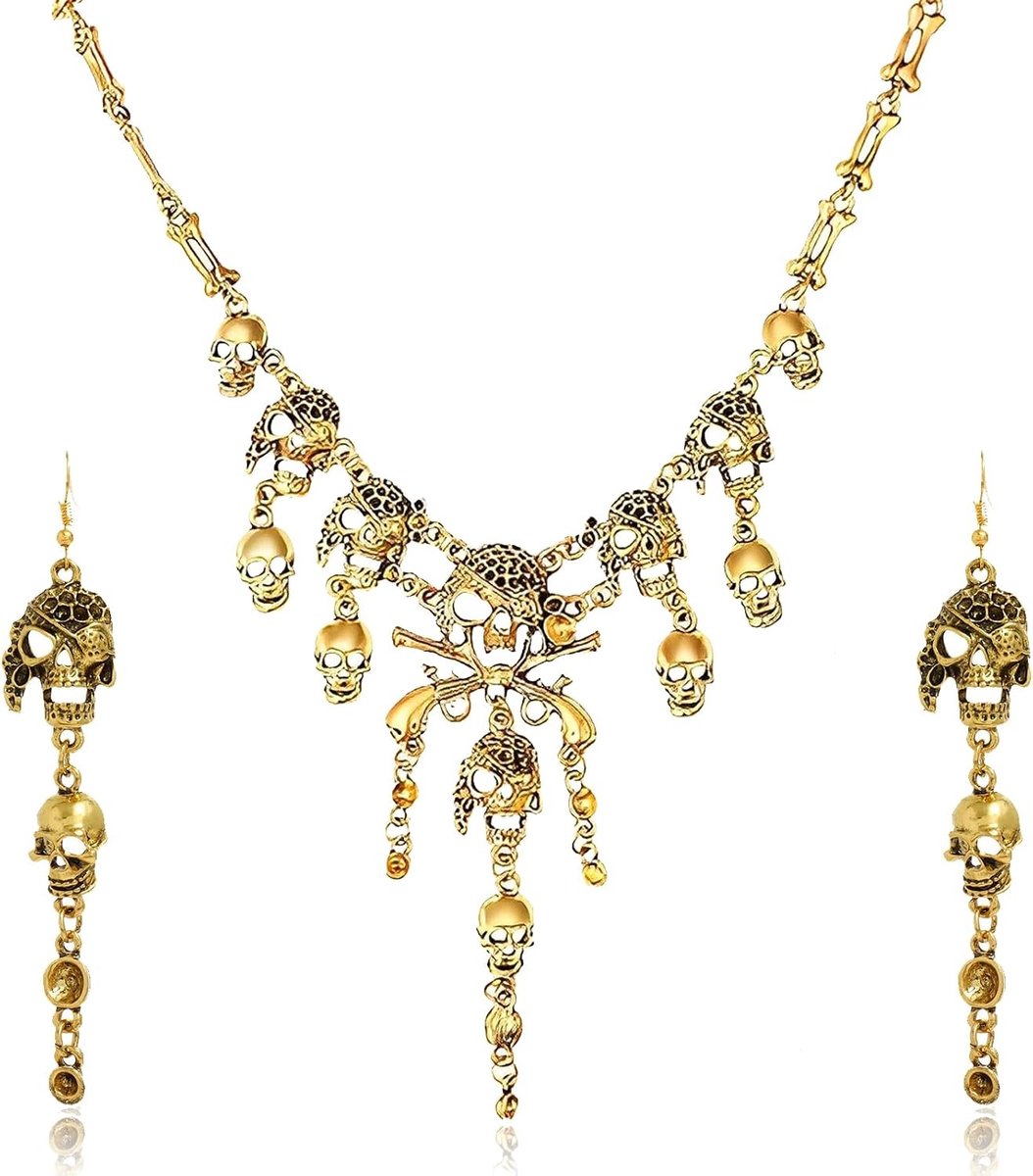 Unieke Piratenketting met Skulls en Franje - Horror Punk Kostuumaccessoires voor Vrouwen, Goudkleurig, 2 Stuks