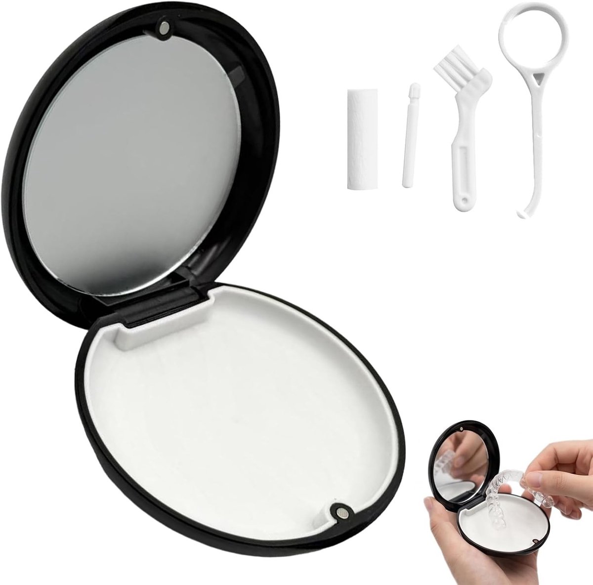 Beschermende Tandarts Case met Spiegel, Magnetische Deur, Compleet Set met Kauwgom, Haakjes en Tandenborstel, Opbergdoos voor Tandheelkundige Aligners en Verwijderbare Silicone Binnenvoering