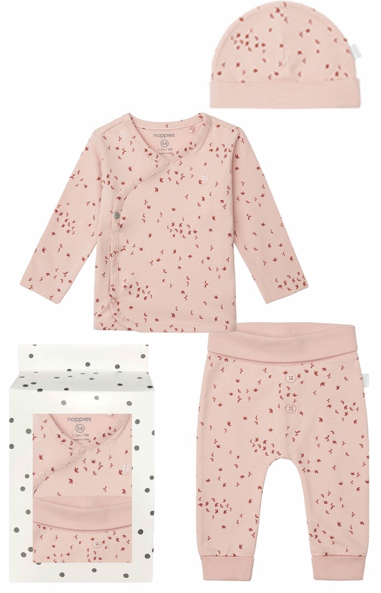 Noppies - Cadeausetje - Cadeaudoosje met Kledingset - Kraamcadeau - Babyshower - 3delig - Broek Nicea - Overslag Shirt Nantes - Mutsje Navar - Rose Smoke - Maat 62