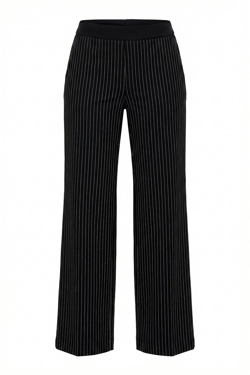Ulla Popken - Dames - Broek zilverkleurige krijtstrepen wijde pijpen - Zwart - Maat 46