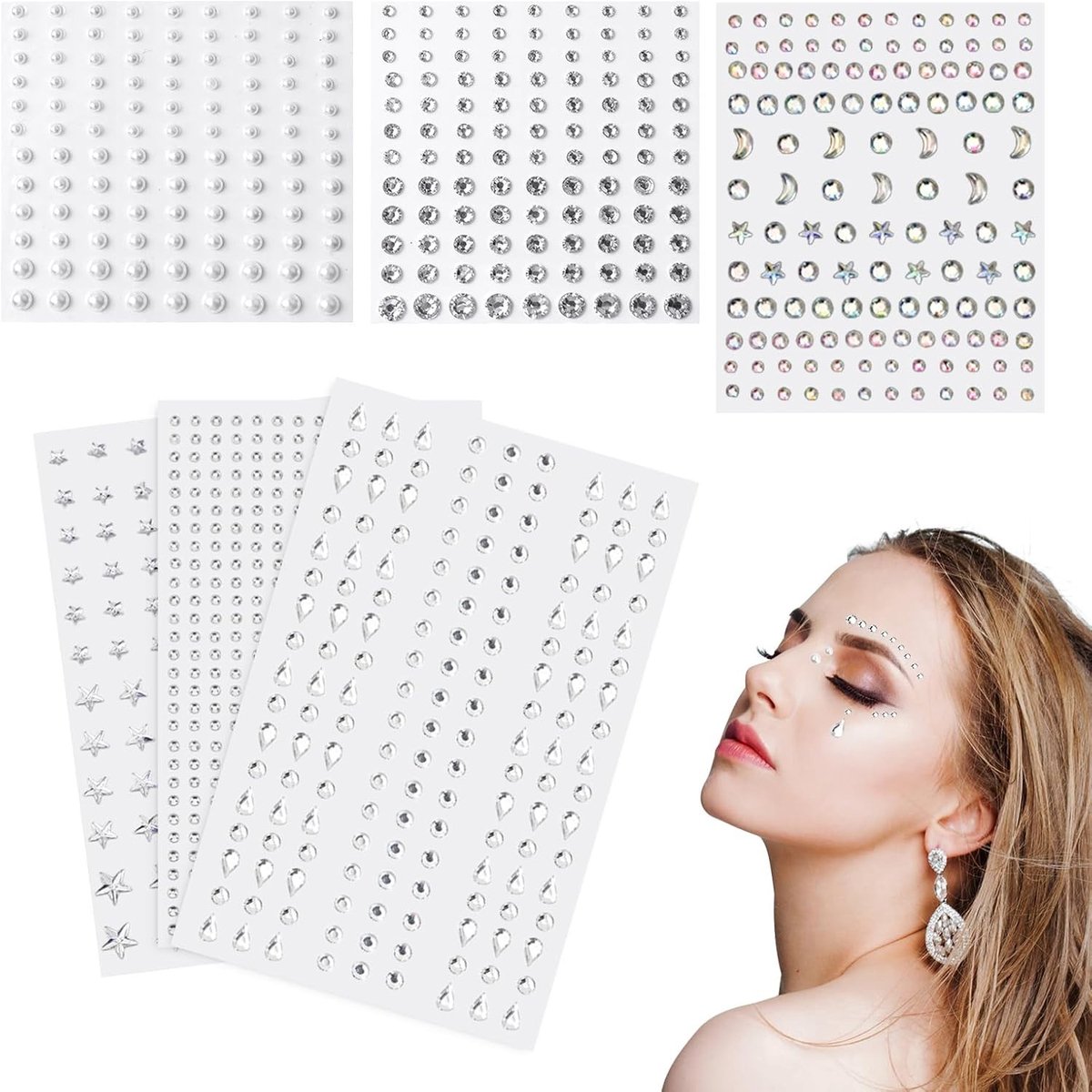 Set van 1152 zelfklevende rhinestones in verschillende kleuren, 3 - 6 mm, voor make-up en nageldecoratie met sterren en druppelvormige designs