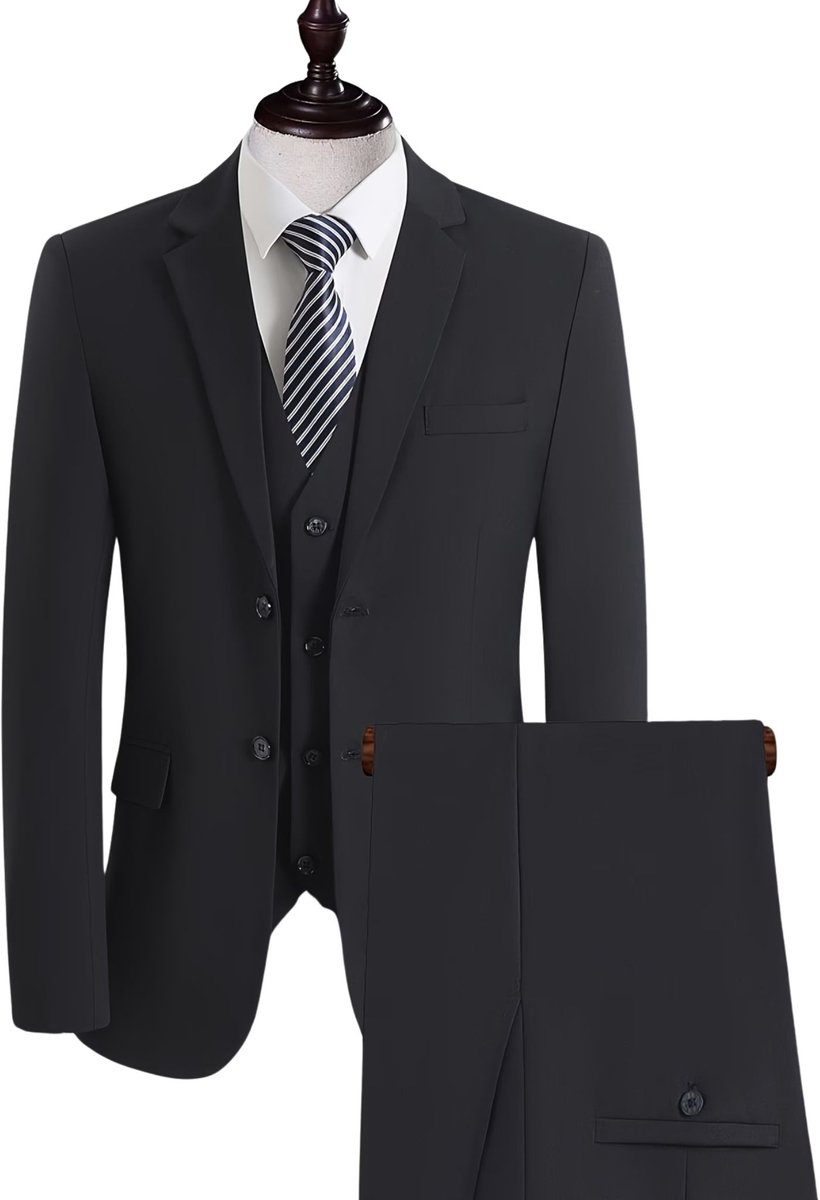 Currero 3 Delig Herenpak Met Overhemd - Suit 2 Delig - Tailored Fit Kostuum - Business Pak - Trouwpak - Smoking - Tuxedo Stijl - Bruiloft, Kantoor & Feest - Zwart XS