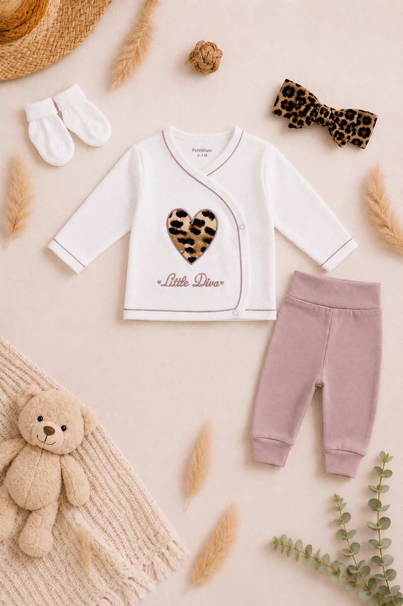 Blijeitje -Babykleding Set 4-Delig Roze/Wit – Newborn Baby Kleding Little Diva – Shirtje, Broekje, Sokken & Haarband – 100% Katoen – 0-3 Maanden