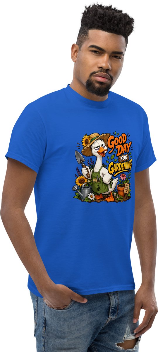 Grappig Heren en Dames T Shirt - Komische Gans in de Tuin - Blauw - L