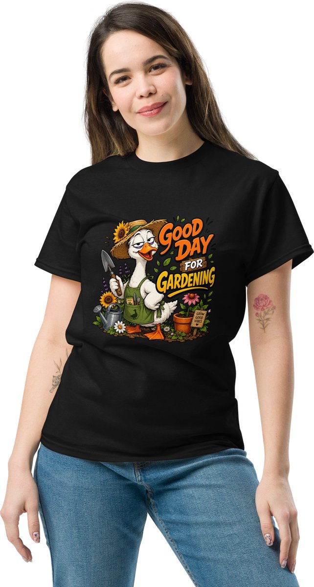 Grappig Heren en Dames T Shirt - Tekst: Goede Dag om te Tuinieren - Zwart - L