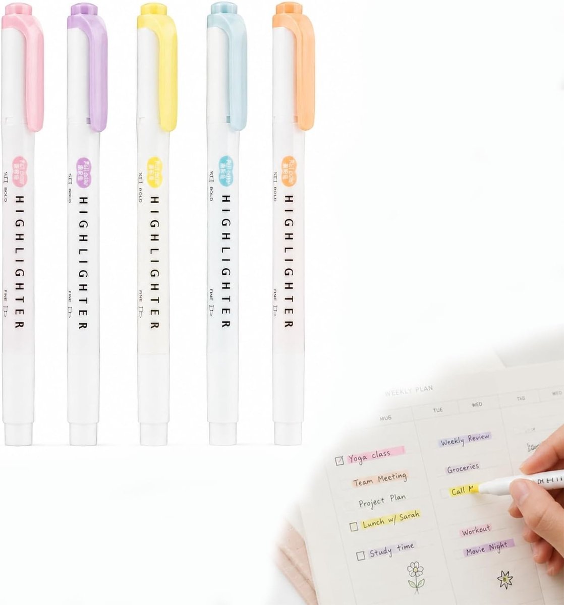 Fluorescerende markeerstift met waterbasis pigmentinkt, 5 mm breed, ideaal voor thermisch papier en tekstmarkering, zachte kleuren voor duidelijk zichtbare aantekeningen