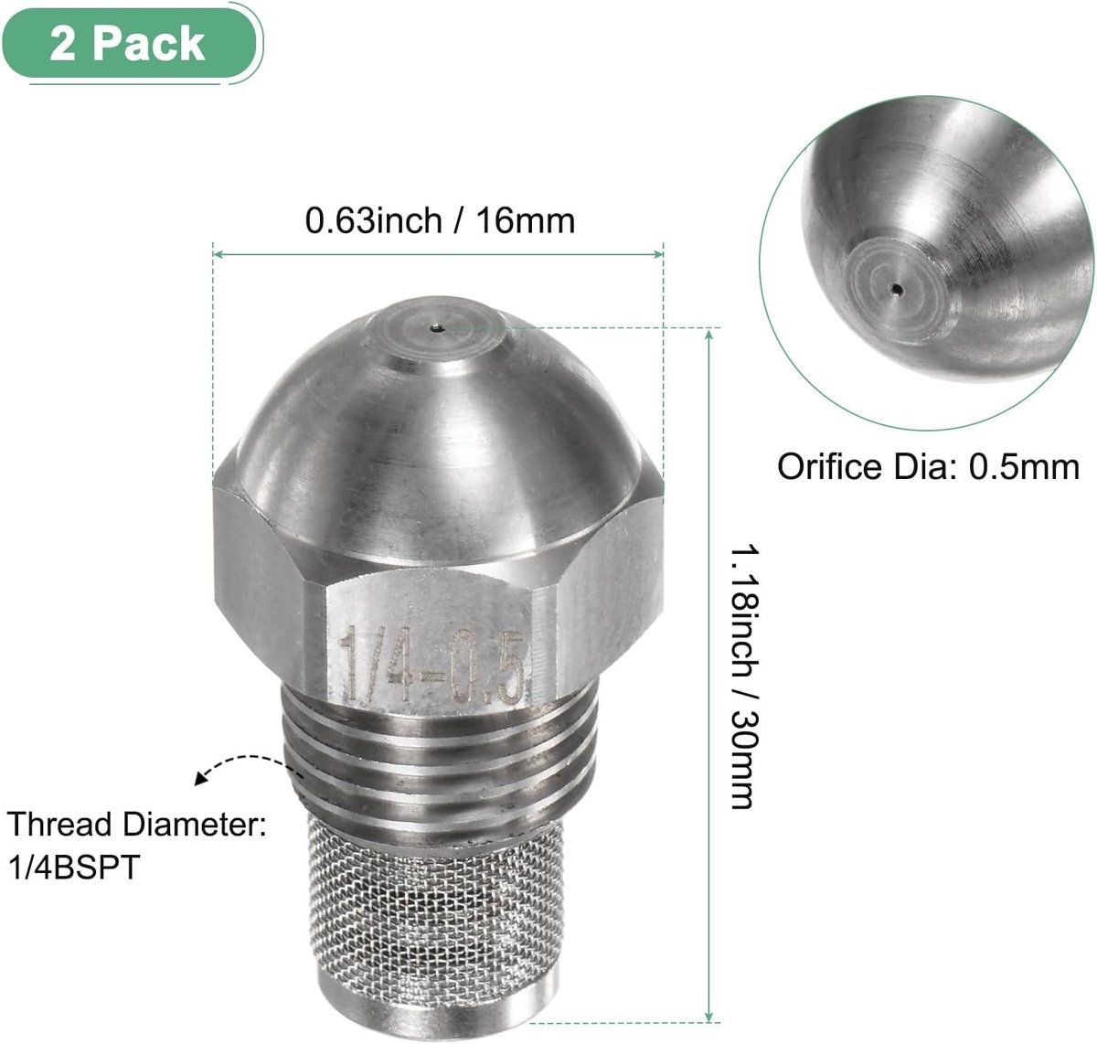 2-Pack Fijn Spuitmond met 0.5mm Opening - RVS Filter Spray Tip voor Koeling, Reiniging en Tuinbewatering