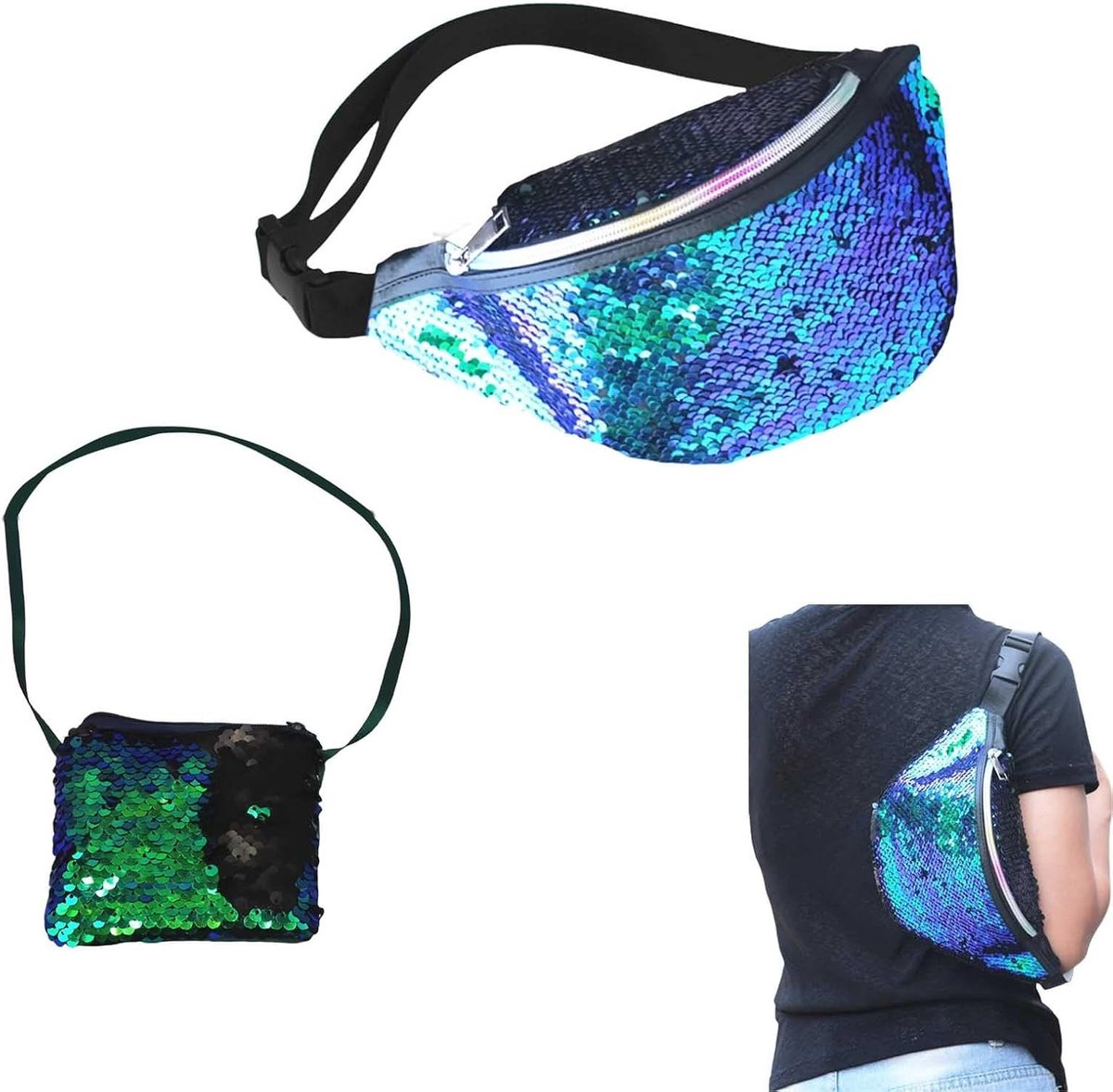 Glitter Taille Tas voor Vrouwen - Sequin Heuptas in Groen en Zwart - Perfect voor Carnaval, Feesten en Cosplay Accessoire