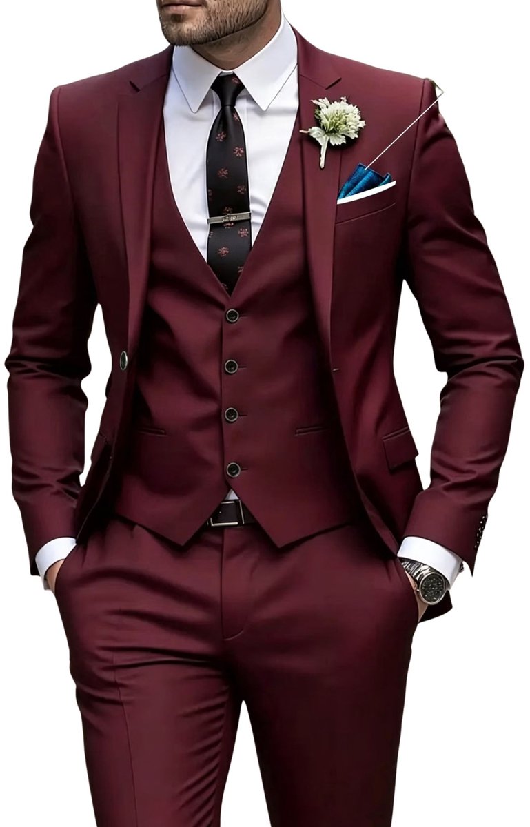 Currero 3 Delig Herenpak Met Overhemd - Suit 2 Delig - Tailored Fit Kostuum - Business Pak - Trouwpak - Smoking - Tuxedo Stijl - Bruiloft, Kantoor & Feest - Bordeauxrood XS