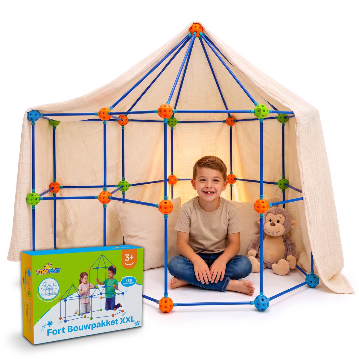 TinyPlay Fort Bouwpakket XXL 336 Onderdelen - Speelgoed 4 Jaar 5 Jaar - Kinderspeelgoed - Sensorisch Speelgoed - Bouwset Jongens Meisjes - Hut Bouwen - Speeltent -Megafort - Montessori Educatief Speelgoed - Incl. Opbergtas