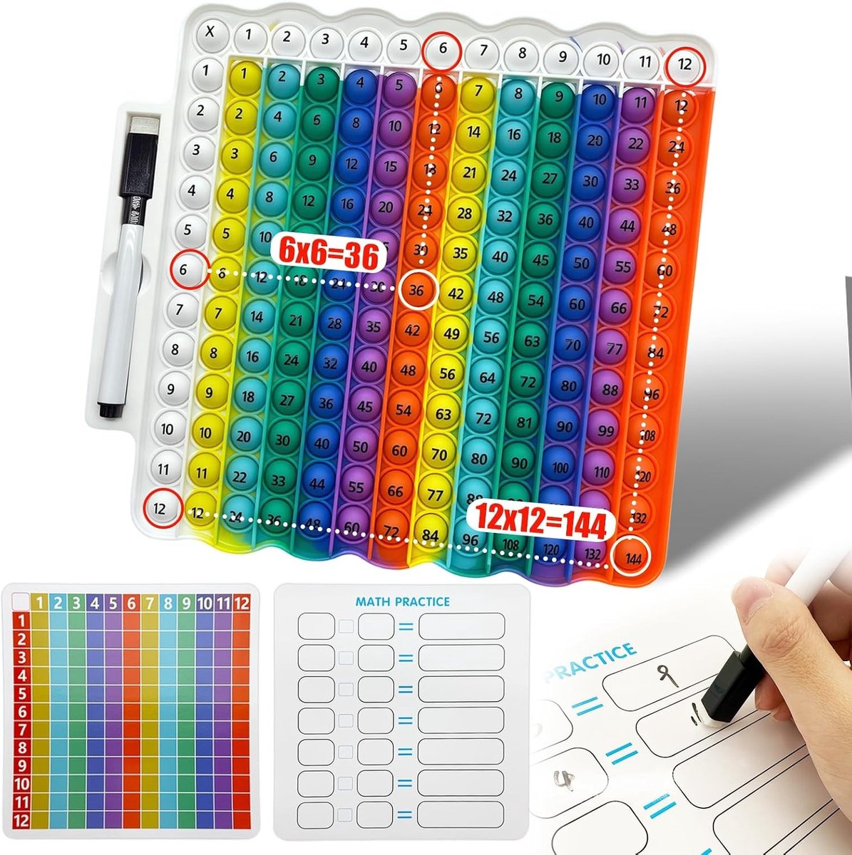Educatief Popit Vermenigvuldigingsbord met Wiskundekaarten en Uitwisbare Stiften, Sensory Speelgoed voor Kinderen