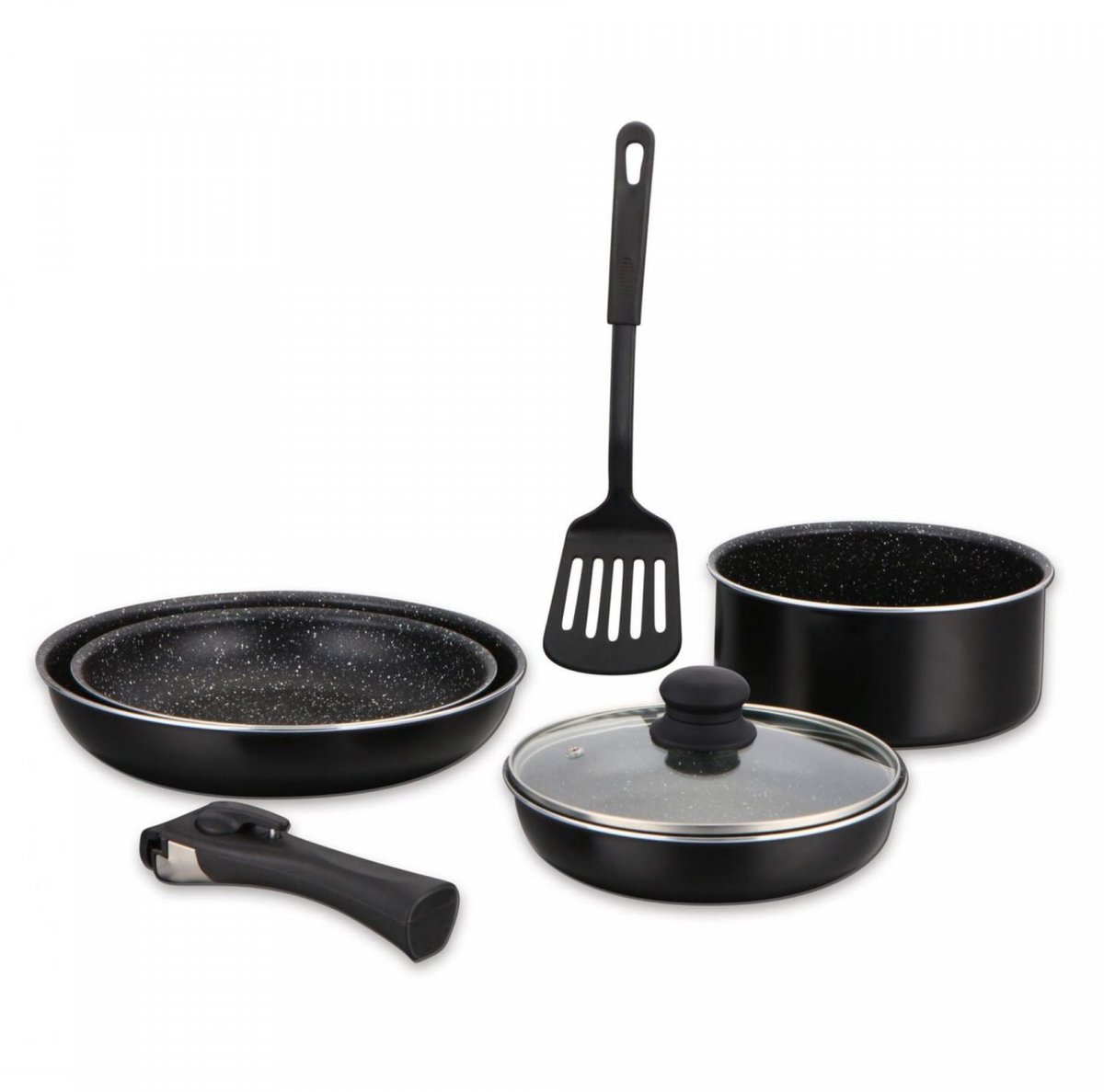 Pannenset Inductie – 7-delig – Afneembare Handgreep – Marmercoating – Stapelbaar – Zwart