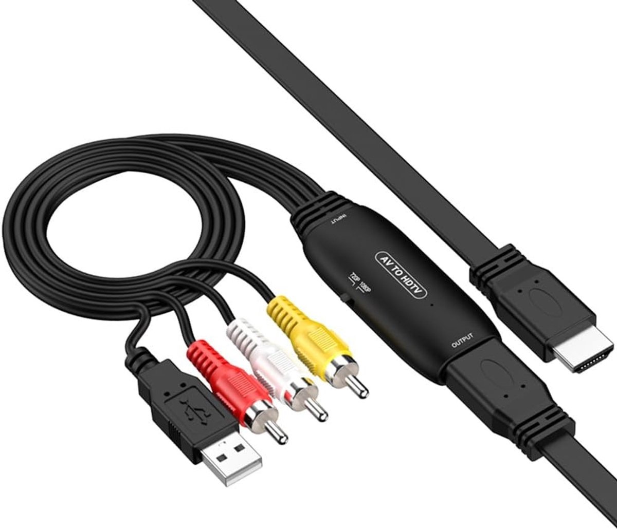 RCA naar HDMI Converter voor Audio en Video, Geschikt voor Xbox, PS1, PS2, PS3, N64, Wii, VCR, VHS en TV met Inclusief AV & HDMI-kabel