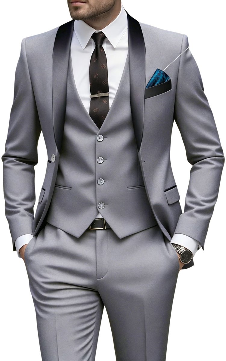 Currero 3 Delig Herenpak Met Overhemd - Suit 2 Delig - Tailored Fit Kostuum - Business Pak - Trouwpak - Smoking - Tuxedo Stijl - Bruiloft, Kantoor & Feest - Grijs 1 S