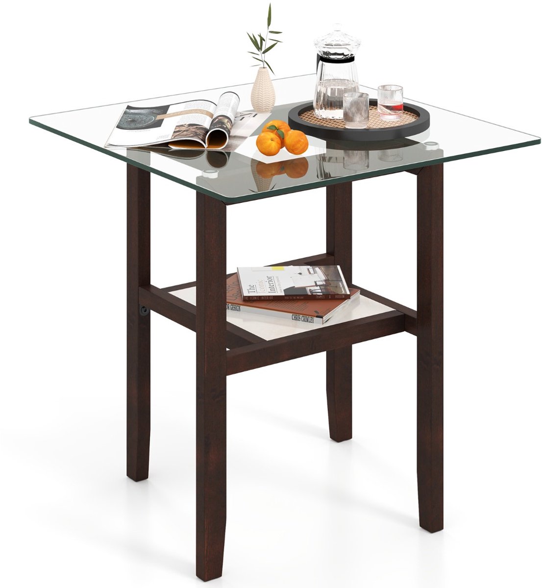 SureDeal® - Bijzettafel - Vierkante Glazen Salontafel - Twee Lagen Opbergplank - Rubberhouten Moderne Bruin - 61x61x62,5 cm - Bruin
