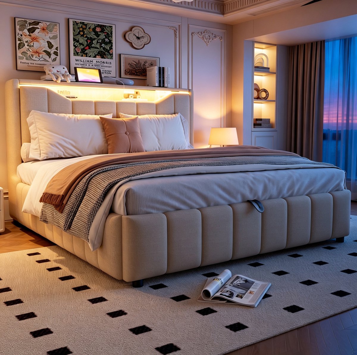 MIVRAY Bed 140x200 Cm - Opbergbed Met Hydraulisch Systeem, LED, USB En USB-C - Voor Slaapkamer - Stof, Metaal En MDF Beige