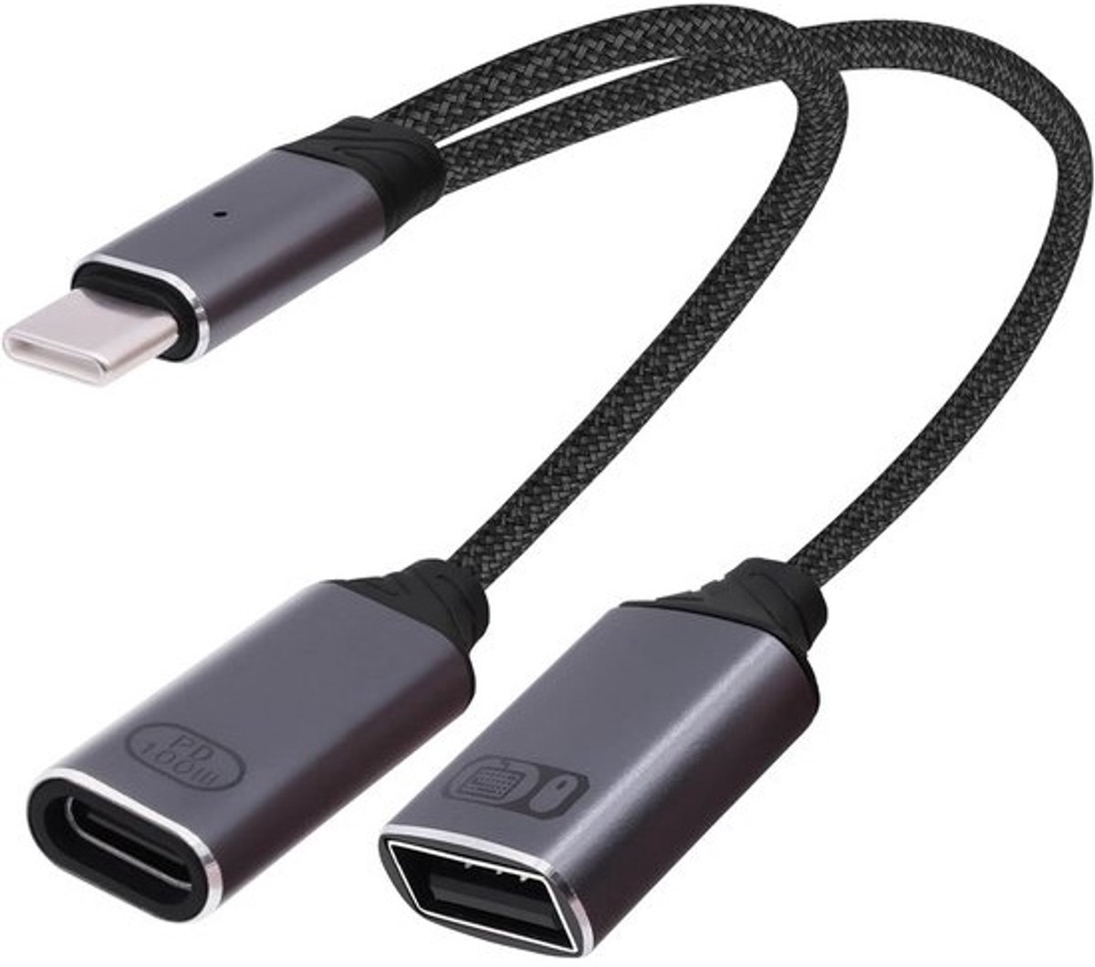 USB-C OTG Splitter Kabel met 100W PD Snel Opladen en USB 2.0 Poort