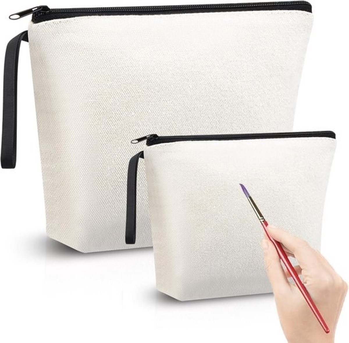 Set van 2 Canvas Make-up Tassen, Blanco Stof Tas voor Knutselen, Pennenset en Opbergtas