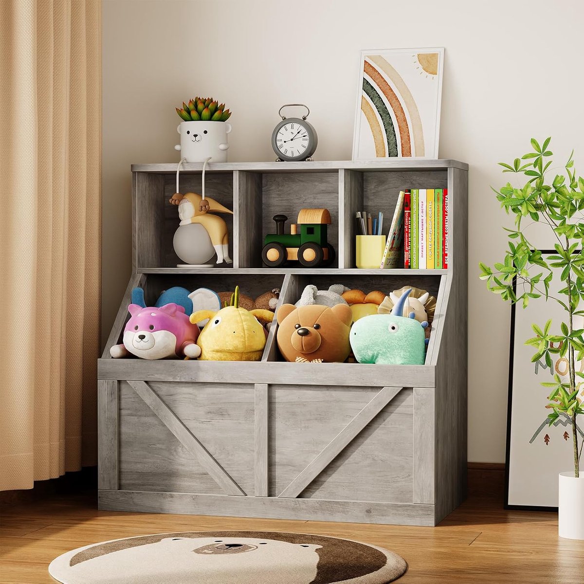 Kinderkast met Boekenkast en Speelgoedopberger - Opbergkast voor Kinderkamer - 3 Open Planken & 2 Grote Opbergvakken - Veiligheidsontwerp - Lichtgrijs- 90 x 42 x 92 cm