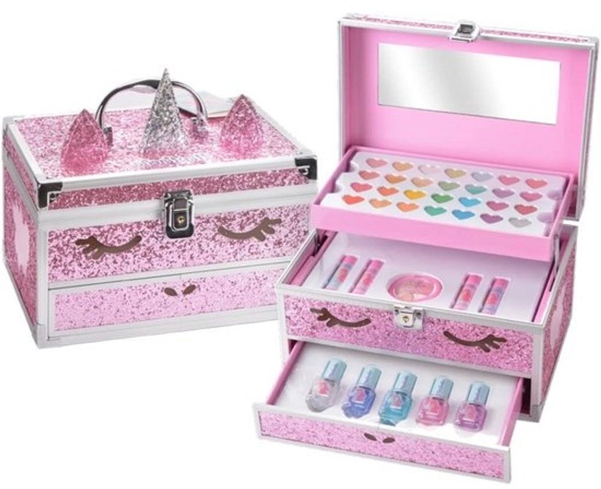 Drie-etages make-upkoffer met eenhoornmotief - Roze, 20 cm