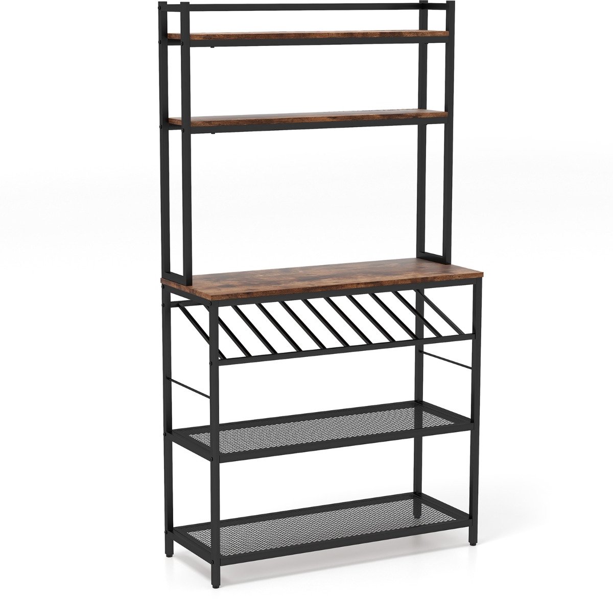 SureDeal® - Keukenrek met Wijnfleshouder - 6 Vaks - 90x35x165 cm - Hout & Metaal - Rustiek Bruin - Industrieel