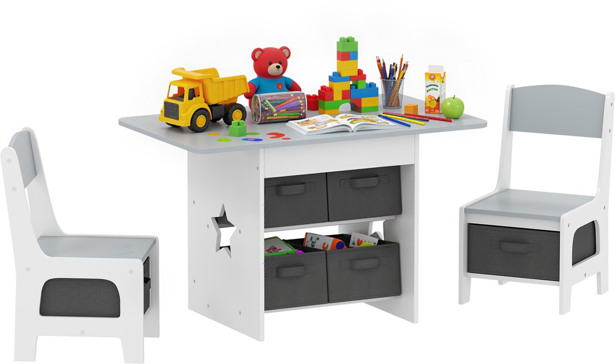 Set met tafel en 2 kinderstoelen met 6 uitneembare lades, voor meisjes en jongens van 3-8 jaar, grijs