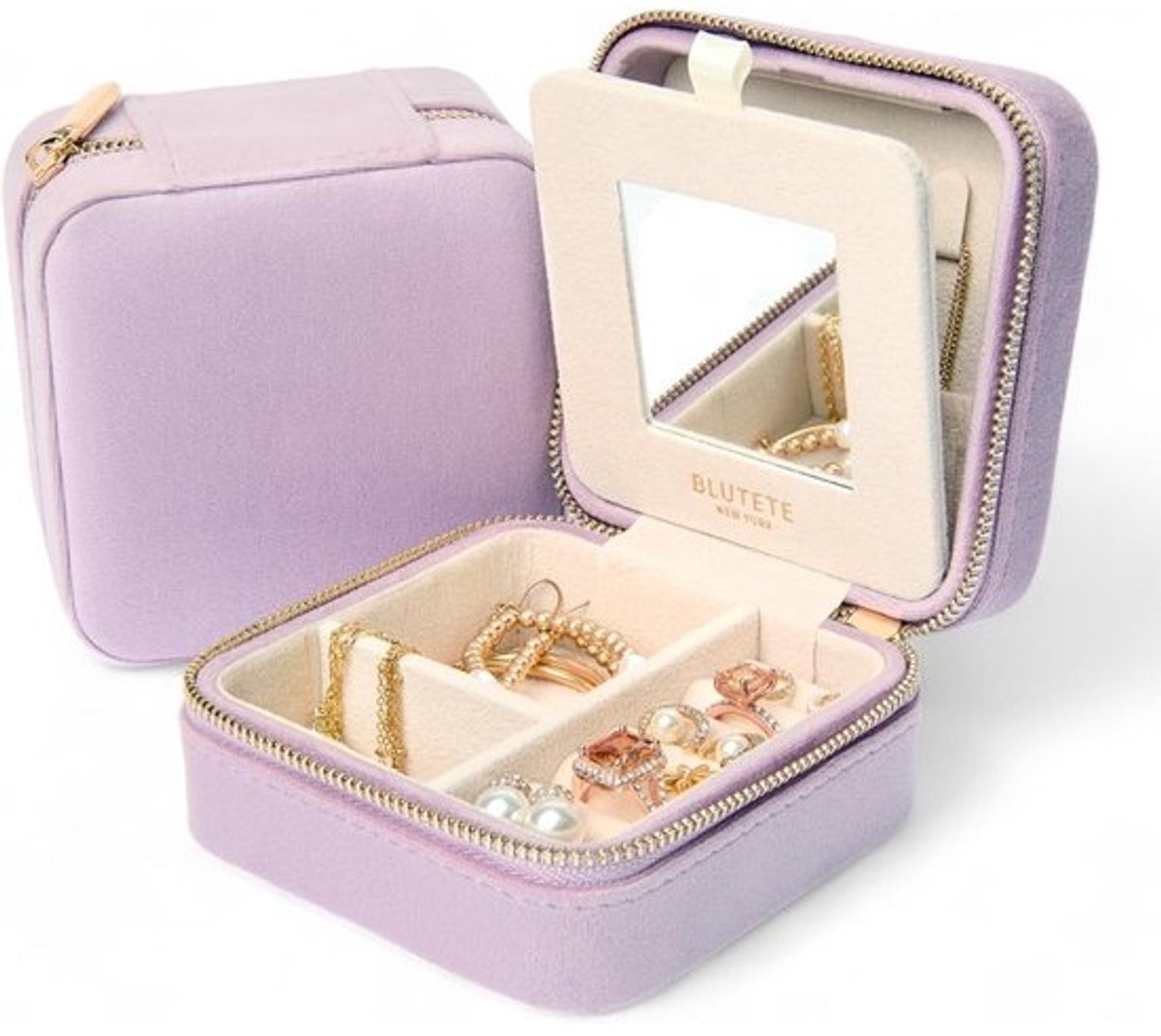 Juwelendoos Organizer - Reis Etui - Sieraden Opbergen - Met Ingebouwd Spiegel - 10 x 10 cm - Lavendel
