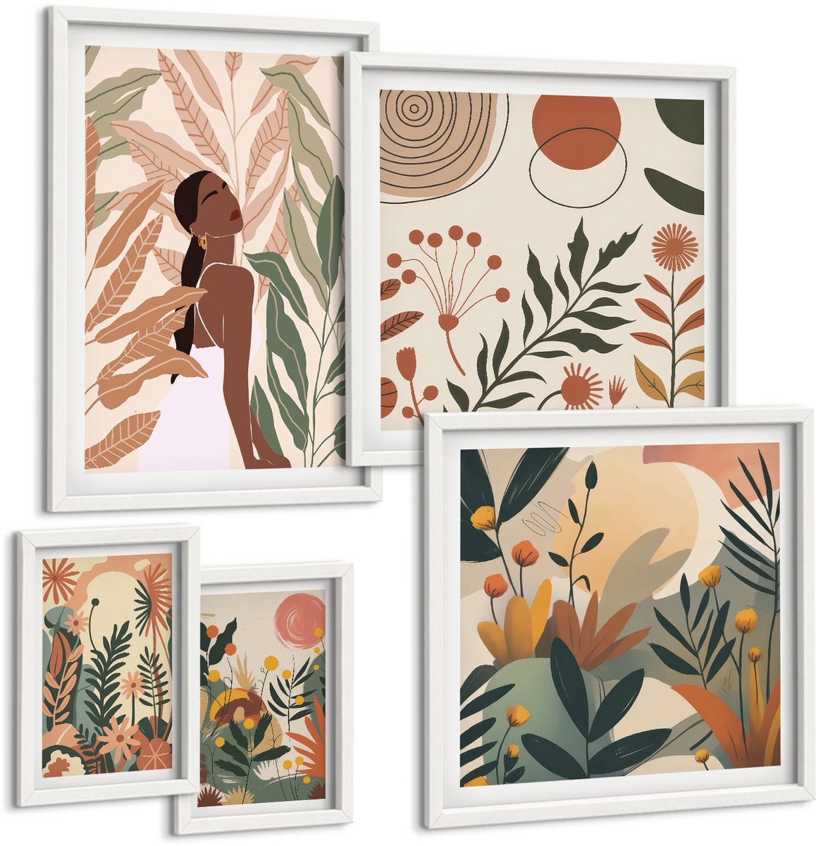 Wallfluent 5-Delige Schilderij Set - Boho-Stijl Met Figuren En Plantmotieven - 50 x 50 cm, 20 x 30 cm En 40 x 60 cm - Moderne Wanddecoratie - Slaapkamer - Decoratieve Schilderijen