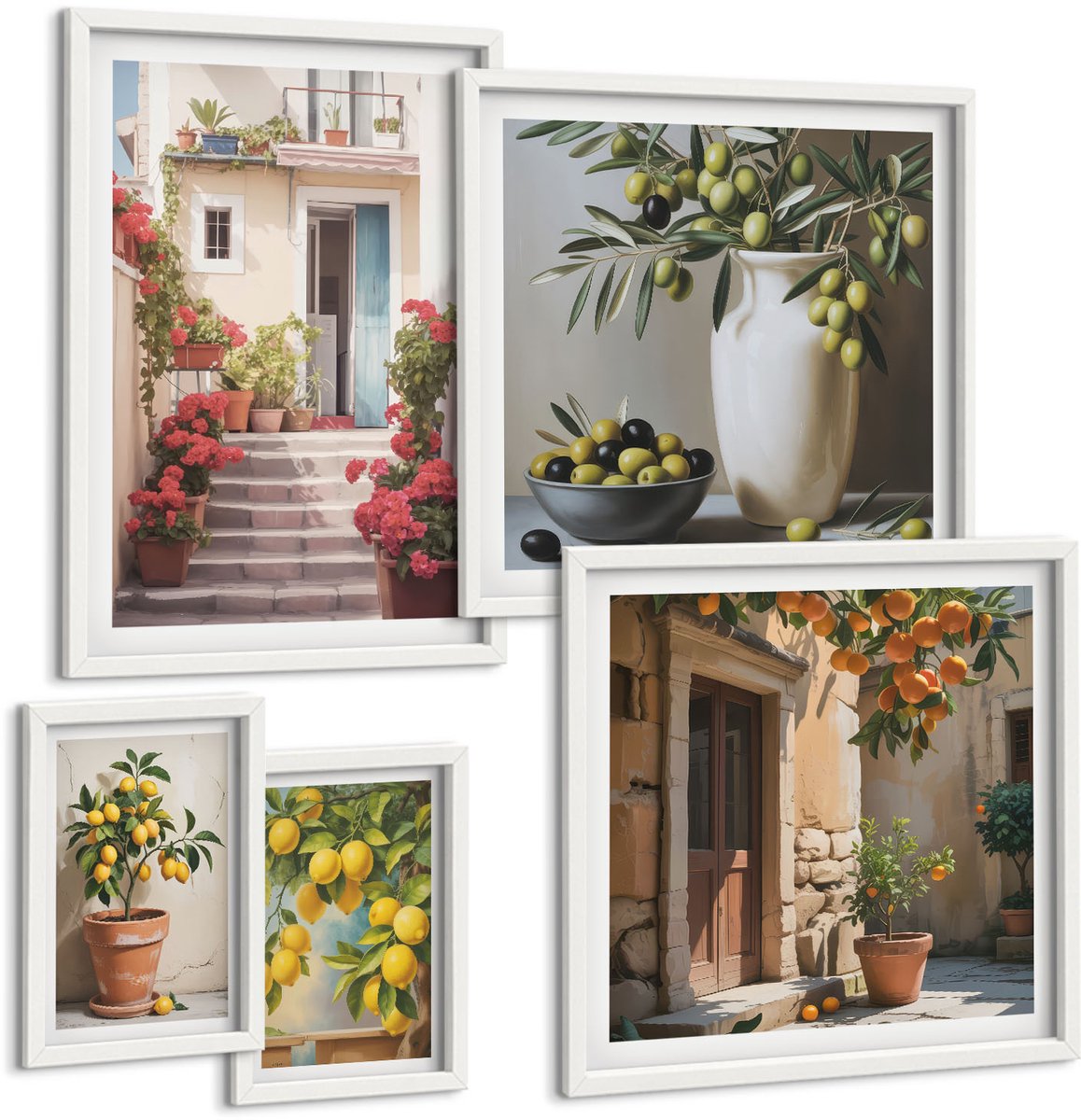Wallfluent 5-Delige Schilderij Set - Sfeervolle Beelden Van Mediterrane Straten Met Citroenen - 50 x 50 cm, 20 x 30 cm En 40 x 60 cm - Moderne Wanddecoratie - Woonkamer - Muurdecoratie