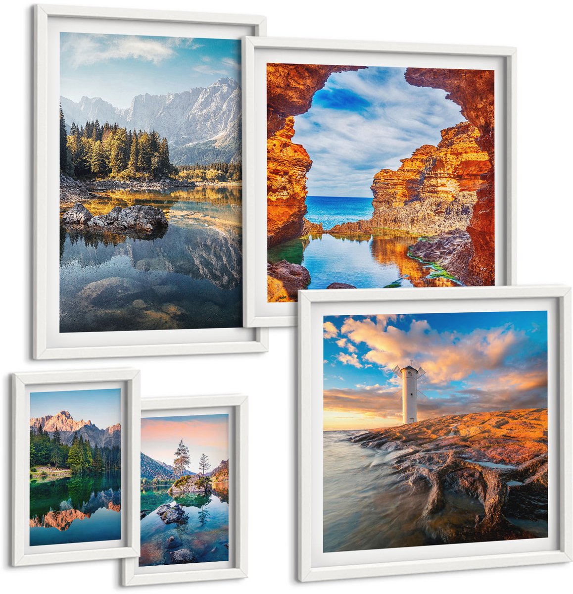 Wallfluent 5-Delige Schilderij Set - Natuurlijke Berg- En Waterlandschappen Met Prachtige Uitzichten - 50 x 50 cm, 20 x 30 cm En 40 x 60 cm - Muurdecoratie - Decoratieve Schilderijen - Wohnzimmer - Woonkamer Decoratie
