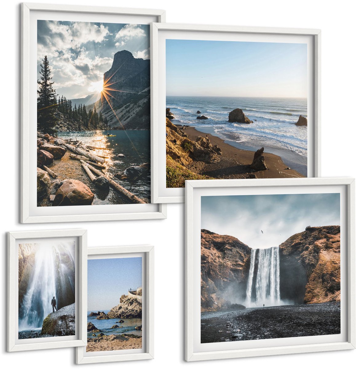 Wallfluent 5-Delige Schilderij Set - Natuurlandschappen Met Watervallen En Pittoreske Stranden - 50 x 50 cm, 20 x 30 cm En 40 x 60 cm - Stijlvolle Muurdecoratie - Kantoor - Interieur Decoratie